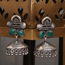 OOMPH Oxidised Silver with Green Stone Dholki Design Ethnic Large Jhumka Earrings