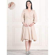 Moms Maternity Womens Dot Khadi Beige Wrap Buttons Maternity Midi Wrap Dress