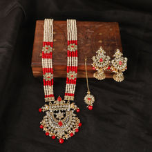 Anika's Creations Traditional Gold Plated Red Rani Haar Style Bridal Necklace With Earring Maangtika