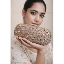 BOXWISH BY BHUMIKA Jhaali Kundan Embroidered Box Pouch For Women - Nude