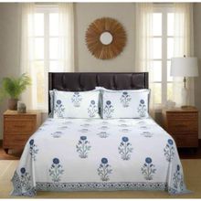 Shahenaz Genda Phool Blue Cotton 220 TC Queen Bedsheet with Pillow Cover