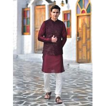 House of Deyann Maroon Embroidered Velvet Fabric Nehru Jacket with Kurta & Churidar for Men (Set of 3)