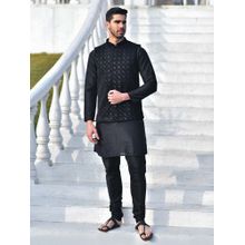 House of Deyann Black Embroidered Velvet Fabric Nehru Jacket with Kurta & Churidar for Men (Set of 3)