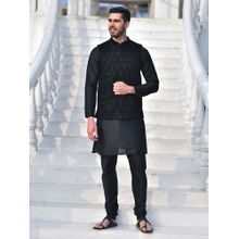 House of Deyann Black Embroidered Velvet Fabric Nehru Jacket with Kurta & Churidar for Men (Set of 3)