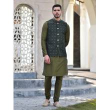 House of Deyann Green Cotton Jacquard Woven Nehru Jacket with Kurta & Churidar for Men (Set of 3)