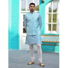 House of Deyann Blue Jacquard Silk Woven Design Nehru Jacket with Kurta & Churidar for Men (Set of 3)