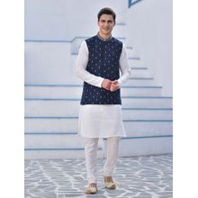 House of Deyann Blue Cotton Jacquard Woven Nehru Jacket with Kurta & Churidar for Men (Set of 3)