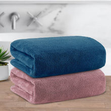 Story@Home 400 GSM Microfiber Bath Towel, Navy Blue & Peach, Solid (Pack of 2)