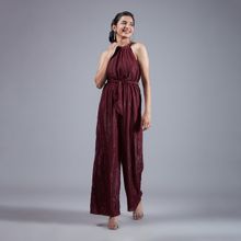 Twenty Dresses by Nykaa Fashion Burgundy Shimmer Round Neck Strap Wide Leg Jumpsuit (Set of 2)