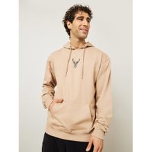 Styli Minimal HD Print Solid Fleece Relaxed Fit Hoodie Beige