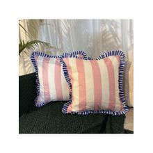 LUSHLYF Summer Sorbet Ruffle Cushion Cover Pink & Cream Stripe Blue Frilled Edges (Pack of 2)