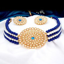 Sukkhi Fancy Gold Plated Dark Blue & White Pearl Choker Necklace Set For Women