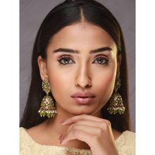 Aatmana Gold Plated Green and White Kundan Studded Pearl Beaded Jhumka Earrings