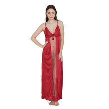 N-Gal Women's Satin Nighty Night Dress Nightwear with G String - Red