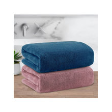 Story@Home 400 GSM Microfiber Bath Towel, Navy Blue & Peach, Solid (Pack of 2)