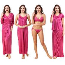 Fasense Women Satin Strawberry Milk Nightwear 6 Pc Set of Nighty, Wrap, Top, Skirt, Bra & Thong
