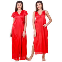 Fasense Women Satin Red Nightwear 2 Pc Set of Nighty & Wrap