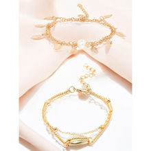 OOMPH Combo Of 2 Gold Tone Multi Layer Sea Shell and Leaf Pearls Fashion Anklet