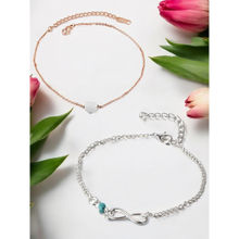 OOMPH Combo Of 2 Gold and Silver Tone Heart and Turquoise Bead Fashion Anklet