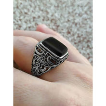 Peora Men Silver Plated Black Stone Studded Adjustable Ring