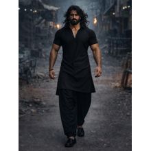 Vastramay Black Solid/Plain Collar Neck Pathani Kurta With Patiala