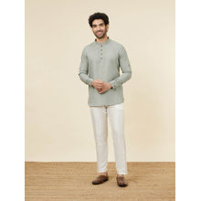 Manyavar Mens Pista Green Linen Short Kurta