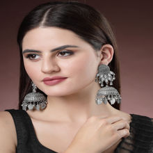 NVR Women Silver-Plated Oxidised White Stones Dome Shaped Jhumka Earrings