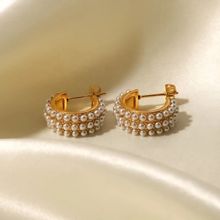 Inaya Accessories 18Kt Gold Plated Three Layer Pearl Hoop Earrings, Margaret
