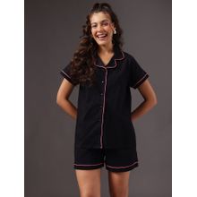 Clovia Cotton Button Down Shirt And Shorts Black