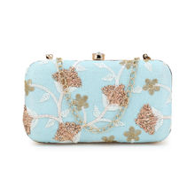 Anekaant Tulle Sky Blue & Gold Faux Silk Floral Embroidered Clutch