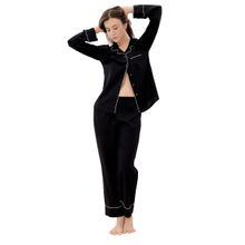 PIU Front Open Rayon Cotton Full Sleeves Solid Print Nightsuit - Black (Set of 2)