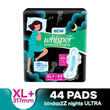 Whisper Bindazzz Night Thin XL+ Sanitary Pads for upto 0% Leaks-40% Longer with Dry top sheet,44 Pad