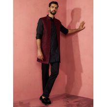 Vastramay Maroon Satin Regular Full Sleeves Kurta With Jacket & Pyjama