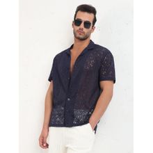 SHOWOFF Edition Men Navy Blue Cuban Collar Textured Relaxed Fit Crochet Shirt
