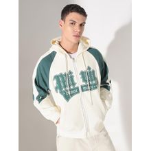 SHOWOFF Men Typography Cream Hooded Slim Fit Hoodies With Zip