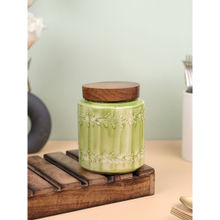 VarEesha Green Embossed Ceramic Air Tight Jar With Wooden Lid