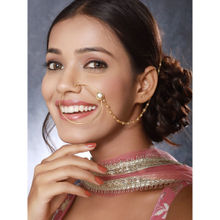 Aatmana Gold Plated White Stone Studded and Beaded Nose Ring with Chain