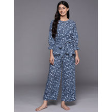 Libas Blue Cotton All-Over Floral Print With Attached Belted Design Kurti & Pyjama Night Suit