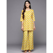 Libas Mustard cotton floral printed kurti with cotton printed pyjamas (XS)