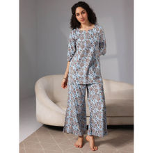 Libas Blue floral printed straight kurti with floral printed pyjamas (XS)