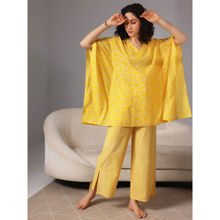Libas Yellow floral printed kaftan with kimono sleeves and chevron printed pyjamas (XS)