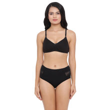 Clovia Cotton Rich Non-Padded Wirefree T-Shirt Bra & High Waist Hipster Panty - Black