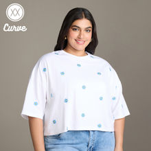 Twenty Dresses by Nykaa Fashion Curve White Floral Embroidery Crew Neck Comfort Fit T-Shirt