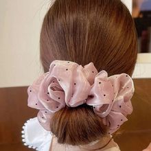 OOMPH Pink Shimmer Organza Polka Dots Big Large Scrunchy Rubber Band Hair Tie