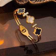 Designs & You Stainless Steel Gold Plated Mother Of Pearls Three Clover Leaf Irish Design Bracelet