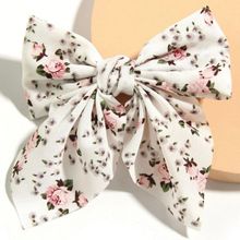 OOMPH White and Pink English Rose Design Large Bow Hair Barrette Clip