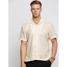 SHOWOFF Men's Short Sleeves Cuban Collar Self Design Cream Regular Fit Crochet Shirt