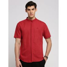 SHOWOFF Men's Short Sleeves Mandarin Collar Solid Red Slim Fit Shirt