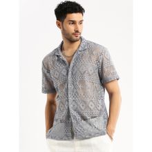 SHOWOFF Men's Short Sleeves Cuban Collar Self Design Grey Slim Fit Crochet Shirt