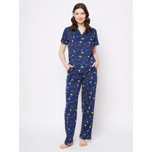 Clovia Galaxy Print Button Down Shirt & Pyjama Navy - 100% Cotton (Set of 2)